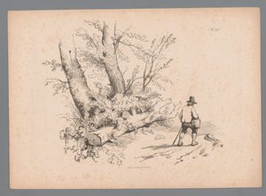 Paysage avec des arbres et un homme avec un bâton de marche et un panier - Paulus Lauters