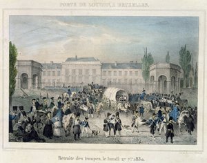 Porte de Louvain, Bruxelles : La retraite des troupes néerlandaises, 27 septembre 1830, gravé par Dewasme-Pletinckx