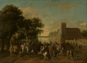 Le prince Maurice, accompagné du prince Frédéric-Henri, de Frédéric V de Bohême et de son épouse Élisabeth Stuart, et d