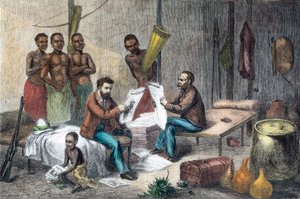Livingstone et Stanley recevant des journaux en Afrique centrale, 1871-1873