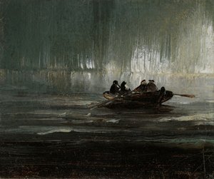 Aurore boréale sur quatre hommes dans un bateau à rames - Peder Balke