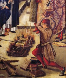 Brûlage des livres hérétiques, détail de San Domenico et les Albigeois, par Pedro Berruguete