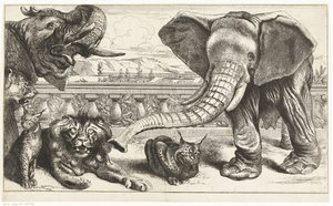 Éléphants, lions et lynx dans les jardins de Versailles - Peeter Boel (attributed to)