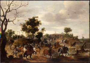 Paysage avec une bataille de cavalerie, gibet et moulin à vent au-delà - Peeter Snayers