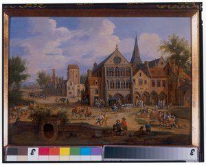 Scène de ville avec des paysans jouant aux quilles devant une église