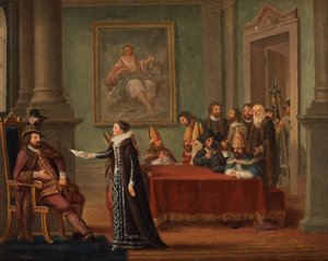 Christine Gyllenstierna (1494-1559) avec la lettre de sauf-conduit, devant le roi Christian II de Danemark (1481-1559)