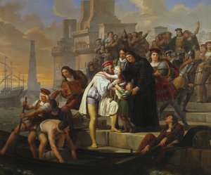 Christophe Colomb embrassant ses deux fils et les recommandant au Père Giovanni Perez avant de quitter Palos pour le voyage de découverte de l