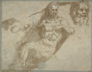 Satyre assis, avec tête agrandie du même (recto), tête d