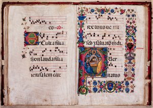 Bibliothèque Piccolomini : livre de chœur, cod. 102.8, ff. 47v-48r avec « Nativité » - Pellegrino di Mariano