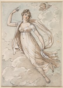 Femme flottant dans le ciel, observée par un chérubin