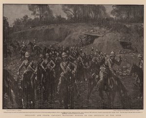 Crépuscule et paix, cavalerie abreuvant les chevaux en toute sécurité au crépuscule