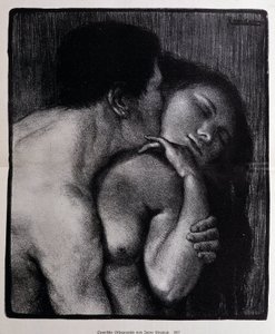Homme embrassant une femme. Lithographie par Pere Torne-Esquius