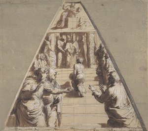 Présentation de la Vierge au Temple en bas, Abraham sur le point de sacrifier Isaac en haut, 1520 - Perino del Vaga