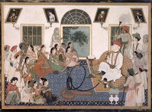 Un Européen, probablement Sir David Ochterlony, en tenue indienne, fumant un hookah et regardant une nautch chez lui à Delhi, c.1820 - Persian School