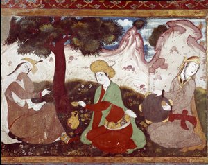 Une princesse persane avec ses courtisanes dans un jardin du 17ème siècle. Fresque du Palais des 40 Colonnes (Chehel Sotoun) à Ispahan, Iran