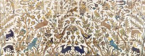 Panneau de carreaux curda seca, comprenant quatre rangées de dix carreaux, peint avec de la végétation habitée par des oiseaux, des cerfs et des lions, 17ème siècle - Persian School