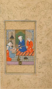 Folio du Yusuf u Zulaykha de Jami; Zulaykha et un vieil homme écoutent une conversation, peut-être Mashhad, Iran, c.1560-70 - Persian School
