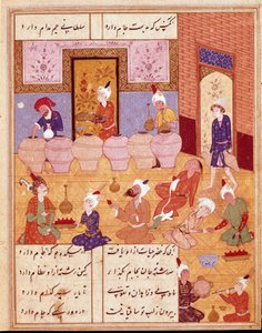 Art islamique : banquet avec musiciens (miniature illustrant les poèmes du poète persan Hafez)