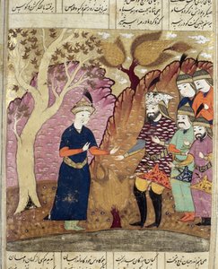 Chevaliers trouvant le Kawus tombé, illustration du Shahnama (Livre des Rois) par Abul-Qasim Manur Firdawsi (c.934-c.1020) 1619 - Persian School