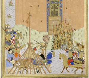 (détail) La forteresse de Gang Dizh attaquée avec des mines, illustration du Shahnama (Livre des Rois)