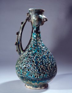 Art persan : céramique aigue-marine avec tête de coq et décorations inspirées par l