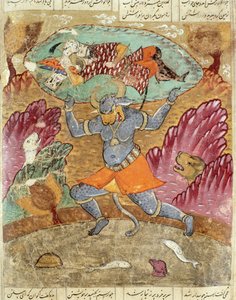 Rostam porté par Akwan-Diwa, illustration du Shahnama (Livre des Rois) par Abul-Qasim Manur Firdawsi (vers 934-vers 1020) 1619