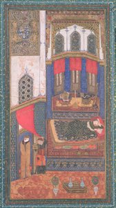 Tahmina entre dans la chambre de Rustam, illustration du Shahnama (Livre des Rois), par Abul-Qasim Manur Firdawsi, de Hérat, Afghanistan, vers 1410