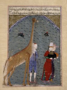 Les ambassadeurs du sultan égyptien al-Nasir Faraj ibn Barquq présentent leurs cadeaux de tribut, y compris une girafe, à Timur, illustration du Zafarnama de Sharaf al-Din Ali Yazdishiraz, 1436