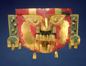 Masque inca (or avec peinture rouge et verte) - Peruvian School