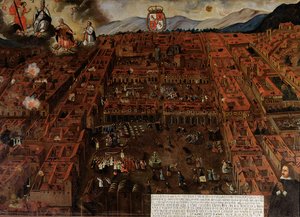 Vue de Cuzco au moment du tremblement de terre de 1650 - Peruvian School