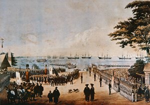 Le commodore Perry débarque au Japon pour rencontrer les commissaires impériaux à Yokohama, le 8 mars 1854