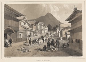Rue à Hakodadi, lithographie par Sarony et Co., 1855
