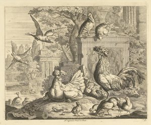 Coq, poule avec poussins et autres oiseaux dans un jardin avec des ruines antiques - Peter Casteels (III)