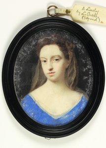Une dame en corsage bleu avec capuche marron (aquarelle sur vélin)