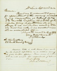 Lettre signée P.E. Bland, St. Louis, à H.R. Gamble, gouverneur du Missouri, 22 septembre 1862 - Peter E. Bland