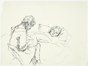 Petite fille lisant à haute voix pour une malade (l