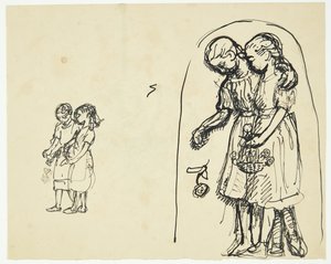 Deux petites filles dispersant des fleurs. Deux esquisses sur la même feuille - Peter Hansen