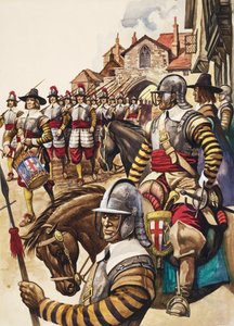 Un groupe de piquiers de la New Model Army marchent vers la bataille sous la conduite d