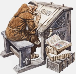 Un moine à son bureau dans un scriptorium (gouache sur papier) - Peter Jackson