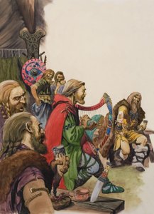 Alfred (849-899) déguisé en ménestrel dans le camp du roi Guthrum (gouache sur papier) - Peter Jackson