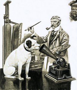 Artiste peignant le chien écoutant un gramophone