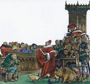 Cour médiévale où les animaux étaient jugés (lithographie en couleur)