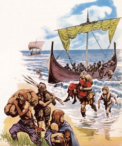 Les Saxons arrivant en Grande-Bretagne dans les longues barques d