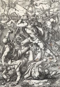 Représentation de Pélage le conquérant, roi des Asturies triomphant contre les Sarrasins, 719, Covadonga, Espagne - Peter Johann Nepomuck Geiger