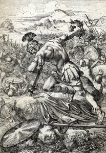 Le suicide du général romain Varus (Publius Quinctilius Varus) sur son épée à la bataille de Teutobourg opposant les Romains aux Germains en 9 après J.-C.