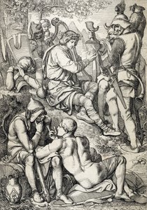 Guerre contre les Vikings : « Le roi de Wessex Alfred Ier le Grand (846-899) déguisé en harpiste entre dans le camp de Guthrum pour dérober ses plans de bataille, Somerset 878 - Peter Johann Nepomuck Geiger