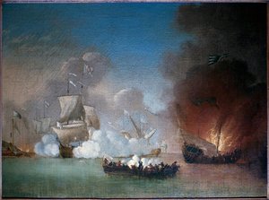 Bataille navale entre un navire de guerre portugais et des galères pirates - Peinture de Peter Monamy, vers 1685