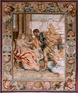 Tapisserie flamande. Série Histoire du consul Decius Mus. Mars apparaît à Rhea Silvia. Huitième tapisserie de la série. Modèle P P Rubens. Manufacture Jan Raes II, Bruxelles. Vers 1620-1629. Tissu Or, argent, soie et laine.