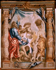Tapisserie flamande. Série Vertumne et Pomone. Septième tapisserie de la série ; Vertumne transformé en pêcheur (partie centrale). Modèles Cercle de Pieter Coecke Van Aelst et Léonard Thiry. Manufacture Atelier inconnu, Bruxelles. Avant 1550. Tissu Or, arg