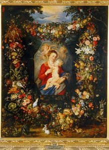 Marie, Vierge et Enfant avec couronne de fleurs et de fruits ... - Peter Paul & Brueghel Jan (1601 78) Rubens
